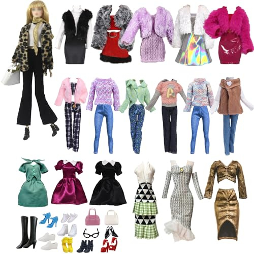 19 Stück Puppenkleidung und Accessoires, Leopardenmuster-Mantel 4-teiliges Set + 4 Röcke + 1 Pullover und Hose Set + 7 Paar Schuhe + 1 Brille + 1 Handtasche für 11,5-Zoll-Puppen, zufälliger Auswahl