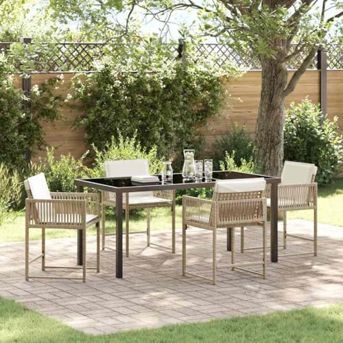 QJBSAVVA Set di 5 mobili da giardino in rattan sintetico, con piano in vetro, 4 sedie da giardino, design moderno, robusto e durevole, per balconi, terrazze, giardini, gruppi da pranzo all'aperto