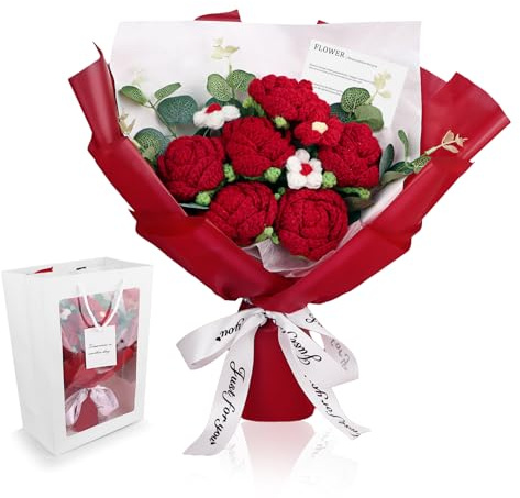 Pecihiko Handmade Crochet Flower Bouquet, Red Roses Knitted Flowers for Women Mum Wife Girlfriend, Gift for Anniversary Birthday Wedding with Gift Bag & Greeting Card