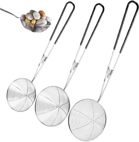 Hbbgdiy 3 coladores de araña, Cuchara de Espumadera Redonda, colador de araña Reutilizable, Cuchara de Acero Inoxidable con Mango para Olla Caliente, tortellini y albóndigas