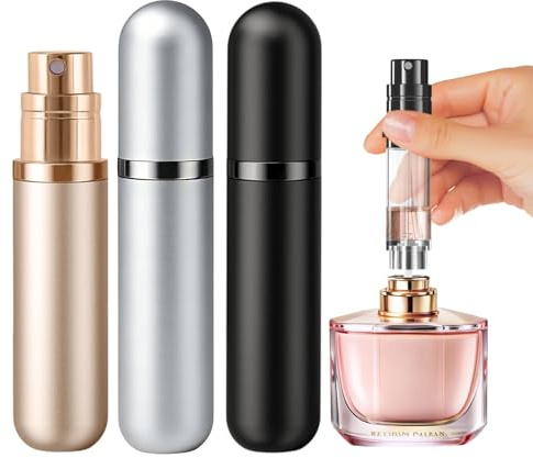 JOOMOKO Atomizador de perfume, botella de viaje de 5 ml, botella atomizadora, recargable y de tamaño de viaje, dispensador de colonia fácil de rellenar, para mujeres y hombres (negro, plateado y