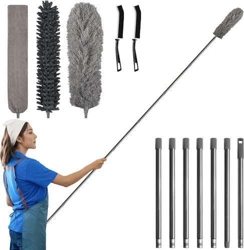 marysgift Feather Duster Extendable,122in / 310cm Long Duster for High Ceilings with Extension Pole,Washable Bendable Microfiber Feather Chenille Flat Dusters for Cleaning,2 Cleaning Brush (Grey)