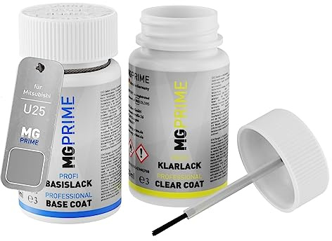 MG PRIME Autolack Lackstift für Mitsubishi U25 Star Silver Metallic +1K | Sterling Silber Metallic, Set aus Basislack + Klarlack, Lackfläschchen mit Pinsel, je 50ml