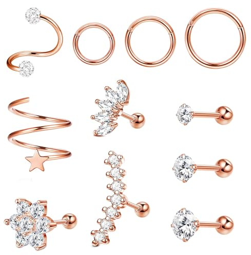 MILACOLATO Cartilage Earring 11Pcs 16G 18G Stainless Steel Cartilage Earrings Stud Hoops Conch Forward Helix Earrings Tragus Daith Piercing CZ Barbell Stud Cartilage Piercing Jewelry for Women of All Ages-rose gold