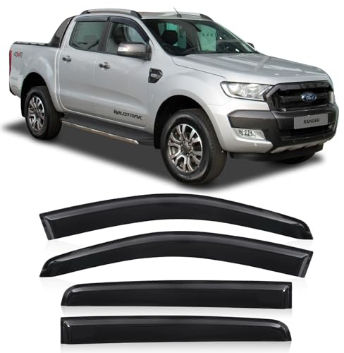 JHCHAN Windabweiser Kompatibel mit Ford Ranger 2012-2022 Doppelkabine Wildtrak XL XLT Limited Stormtrak Wolftrak Thunder Raptor Dunkel Regenabweiser Acryl Anklebbare Deflektoren 4 Stück