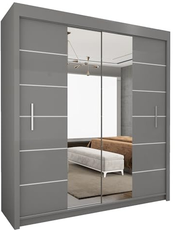UK SLIDING 2&3 Doors Sliding Door Wardrobe – Matt Finish Storage Cabinet with Full Length Mirror, Hanging Rail & Shelves | Strong MDF Bedroom Wardrobe for Bedroom Furniture (Grey, 180cm)
