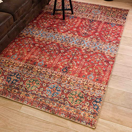 Nazar Vintage-Teppich, Orientteppich, maschinenwaschbar, klassischer Teppich, flach, Medaillon, Ornament, Farbe Bordeaux, Creme, Khaki (039 Rot, 200 x 290 cm)