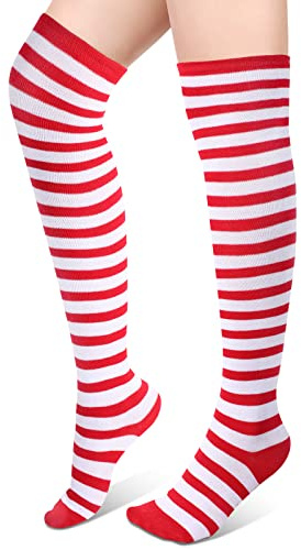 Blulu Women's High Striped Tights Socks over Knee Striped Long Stockings Christmas(Red-white)