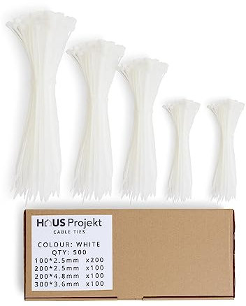Haus Projekt Fascette in Plastica per Cavi Dimensioni Miste, Bianco - Set da 500 Assortite per Gestione e Organizzazione, Elettricista, Piccoli e Lunghi