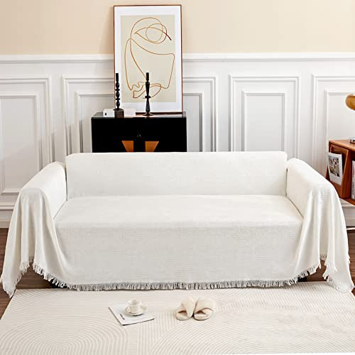 GAOWEI Groß Sofaüberwurf Decke für 3 Sitzer Mit Dekorativen Quasten, Doppelseitige Cover für Couch und Bett, Rautenmuster Mit Blättern und Blumen - Weiß, 180 x 300 cm