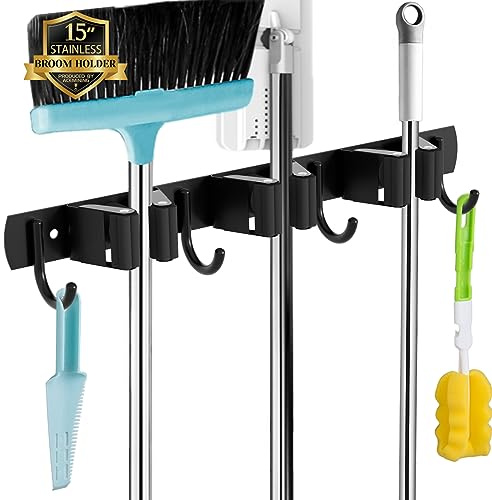 Besenhalterung Wand, 3 Halter + 4 Haken Schwarz Edelstahl Gerätehalter | wandhalterung besen: Nagelmontage und starke Klebepads; lange Stiele bleiben geordnet.