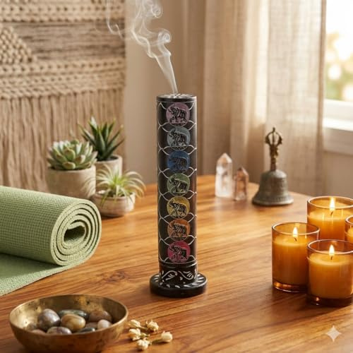 Ajuny Räucherstäbchenhalter Speckstein Elefant Räucherturm 26,5 cm | Handgeschnitzter schwarzer Speckstein, Aschefänger und Teelichthalter, dekorativ für Yoga, Meditation und Zuhause