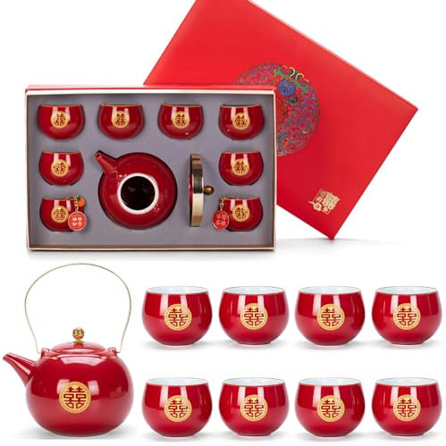 Set da tè per matrimonio, tradizionale cinese in porcellana rossa, con doppia felicità, set da tè KungFu 1 teiera, 8 tazze da tè e 1 confezione regalo per cerimonie, feste di nozze, decorazione per la