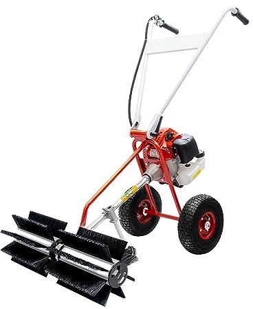 Petrol Powered Sweeper 2-Stroke Gas Power Sweeper 43CC 1.7HP Petrol Powered Yard Sweeper, Gas Power Hand Operated Sweeper for Snow Driveway Turf Lawn Street Farm Construction Site Cleanning