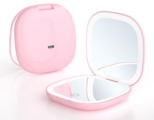 Meichoon Tragbarer Taschenspiegel LED Beleuchtet Kompakt 1X 5-Fache Vergrößerung 2-Seitig 3 Farben Dimmbar USB Wiederaufladbar Reise-Make-up-Spiegel UK16 Rosa