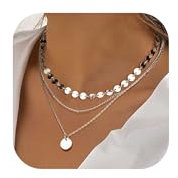 LOLIAS Silber Kette Damen Layering Halskette Wasserfest Lange Ketten Mit Anhänger Doppel Mehrreihige Zarte Rund Plättchen Schmuck