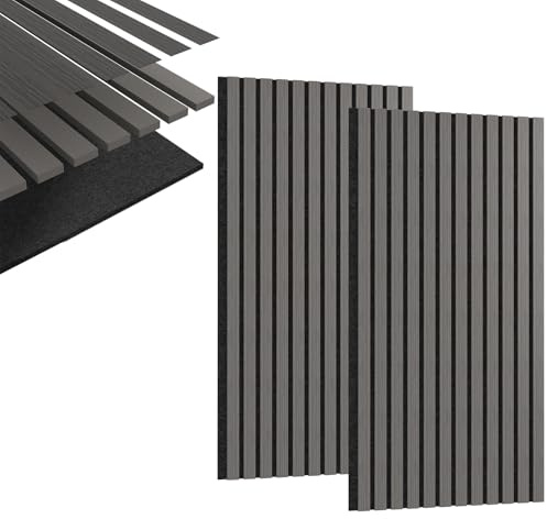 YUENFONG Akustikpaneele Echtholz 60x120cm, 2er Set Lamellenwand Wandpaneele Wandverkleidung Holzpaneele aus MDF Polyvinylfaser, Akustikplatten Moderne Wandpaneel, Grau