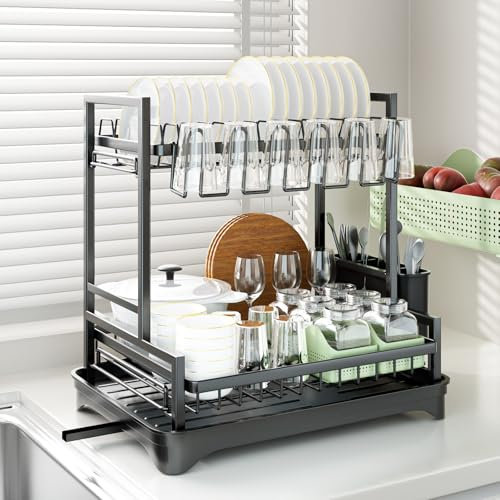 Sequpr 2-Stufiges Abtropfgestell Geschirr, Geschirrabtropfgestell Küche, Abtropfständer mit Tassenhalter, Dish Drying Rack, Geschirrständer Schwarz