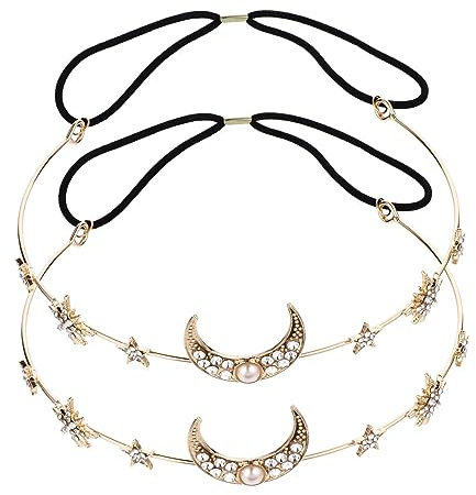 BELLIFFY 2 Stück Haarschmuck Diademe Mit Mond Und Stern Perlen Elastisches Stirnband Für Damen Und Mädchen Hochzeit Und Party Zubehör