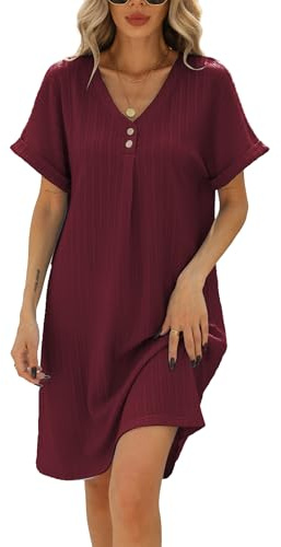 Famulily Women Summer Dresses V Neck Button Casual Swing Short Dress Ladies Loose A-line Sundress Braided Texture Tunic Shirtdress Wine M