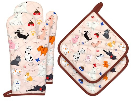Arquiel Gants De Four & Maniques Chien Lot De 2, 100% Coton Maniques Cuisine Gant Four Anti Chaleur Extra-Longue pour Barbecue, Cuisine, Griller,Micro-Ondes