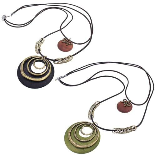 SLEEKEE Collana in Corda di Pelle di Legno da 2 Pezzi, Stile Bohémien e Retro con Ciondoli Geometrici