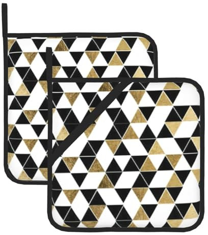 2 presine moderne con stampa a triangoli neri e bianchi e oro, 20,3 x 20,3 cm, da cucina, per grigliare e maneggiare padelle calde