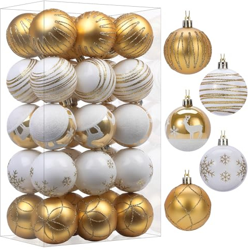 SHareconn Set di 30 palline 60mm per albero di Natale, 60 mm, palline in plastica colorata infrangibile, decorazioni per albero di Natale, festività e matrimoni,Oro & Bianco