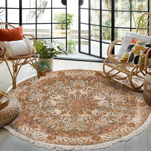 Homxi Teppich Rund Esszimmer 80 cm, Flickenteppich Polyester, Mandala Muster mit Quasten, Outdoor Teppich Braun Orange