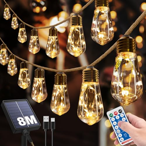 RISEMART 8m 16 Lights Solar String Lights Outdoor with 8 Modes, Remote Control Garden Lighting for Garden, Party, Balcony, Yard, Wedding - Warm White (8M Warm)