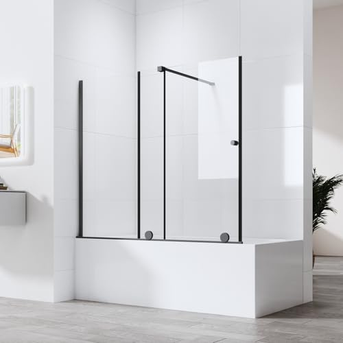 Boromal Duschwand für Badewanne mit Schiebetür, Duschwand Badewanne 115x140cm Badewannenaufsatz Duschtrennwand Duschabtrennung mit 6mm ESG Sicherheitsglas, Schwarz, Schiebetüren