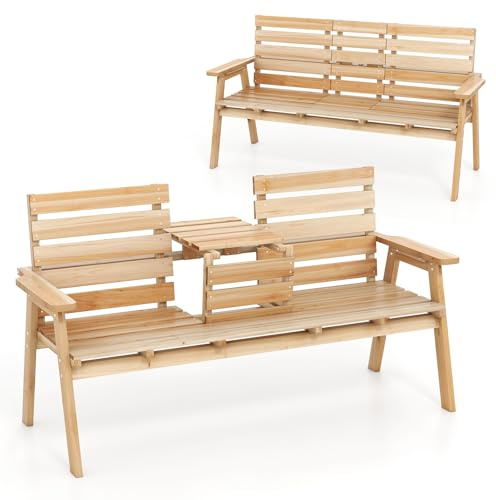 GOPLUS Gartenbank mit klappbarem Tisch, Sitzbank 2-3 Sitzer, Balkonbank mit Armlehnen & Rückenlehne, bis 320kg belastbar, Holzbank Outdoor für Garten, Balkon & Terrasse, 160 x 64 x 86 cm (Natur)
