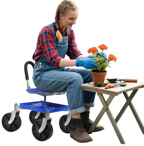 Smbcgdm Workshop Stool Gardening Stool on Wheels, Garden Trolley Cart On Wheels, Height Adjustable Garden Seat Workseats, 360 Degree Swivel Rolling Work Seat for Gardeners Elderly Seniors Blue