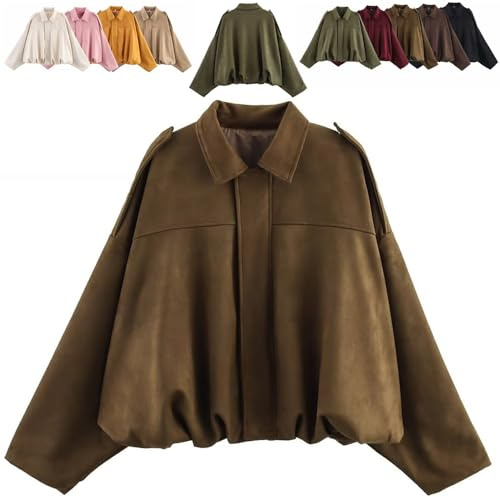 Generico 2025 Womens Faux Suede Bomber Jacket Lapel Collar Zip Front Coat Long Sleeves Trendy Y2K Streetwear Outerwear (Brown,M)