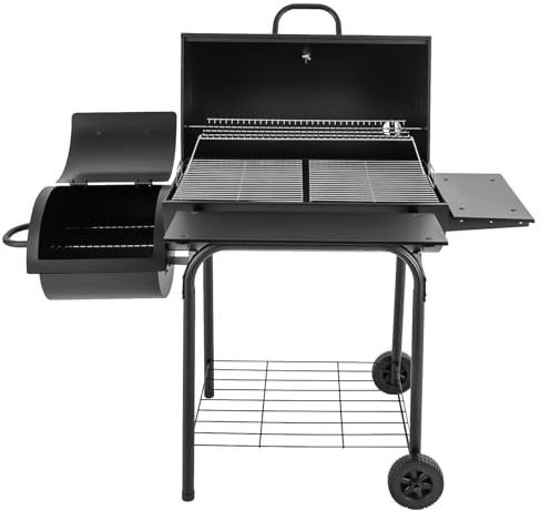 Holzkohlegrill/Smoker-Grill Holzkohle-Grillwagen mit 2 Rädern, Outdoors Liegender Standgrill mit Wärmeisoliermesht und Grillrost für Garten, Camping und Balkon, 147×70×126 cm