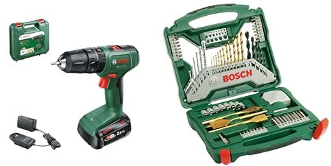 Bosch Cordless Hammer Drill EasyImpact 18V-38 (1x Battery 2.5 Ah; 18 Volt System; in Carrying case) + Bosch 70-Pieces X-Line Titanium Drill and Screwdriver Bit Set (for Wood, Masonry and Metal)