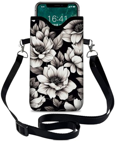 otilil Neoprene Cell Phone Sleeve Pouch Case Bag with Crossbody Strap/Neck Lanyard for Women 7.1 X 3.9 in Flower Black