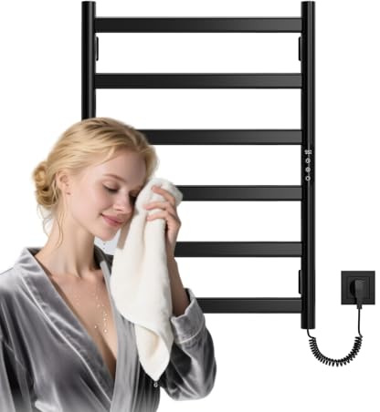 WFCTG Scaldasalviette, Scaldasalviette Elettrico, 220V, IPX4 3 modalità, Timer, Display LED, Design Moderno, Kit di Installazione, Termoarredo Elettrico Bagno (Nero, 70CM)