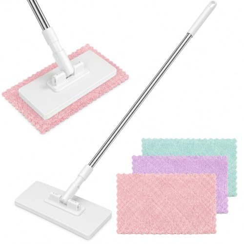 Generic Dust Mop with 4 Reusable Cloth, Snap Grip Mini Mop Clip Cloths for Wall Floor Bathroom Kitchen (The Color of The Cleaning Cloth Is Random)