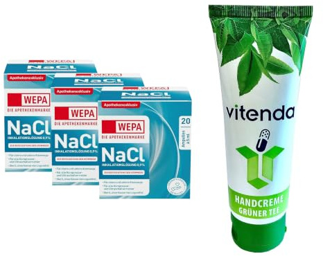 vitenda Set: Isotonische Kochsalzlösung 0,9% zur Inhalation & Verneblung mit WEPA, Einzeldosis-Ampullen, 3x100ml – inkl. vitenda Handcreme