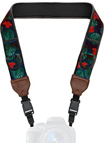 USA Gear TrueSHOT Correa Camara Reflex, Bolsillos para Accesorios y Hebillas de Liberación Rápida - Compatible con Canon, Nikon, Sony, Olympus, Pentax, Fujifilm y más - Diseño con Tropical