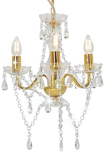 vidaXL Kronleuchter mit Perlen Deckenleuchte Lüster Kristall Lampe Leuchte Wohnzimmer Hängeleuchte Hängelampe Pendelleuchte Deckenlampe Golden Rund 3xE14