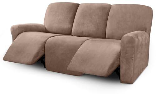 ULTICOR Velvet 8-Pieces Recliner Sofa Covers Stretch Reclining Couch Covers for 3 Cushion Reclining Sofa Slipcovers Furniture Covers Thick Soft Washable (3 Seater Recliner Cover, Sand)