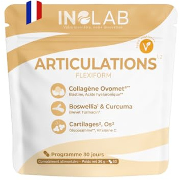 INOLAB Collagene Articulation Elastine Hyaluronique Curcuma Boswellia | Collagene Multi Articulations I 2 Brevets Ovomet® & Turmacin® IMobilité Confort Articulaire Cartilages Muscles Made in France