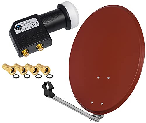 Système satellite HD numérique 60 cm en acier avec miroir rouge brique + double LNB 2 participants pour la réception des signaux DVB-S/S2 Full HD 3D 4K Ultra HD (UHD) + fiche incluse dans le kit