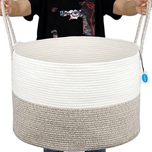 Casaphoria XXXLarge Cotton Rope Basket for Living Room - Woven Storage Basket with long Handle for Blankets, Towels and Pillows Laundry Hamper | Cream white and Brown (22 x 22 x 14)