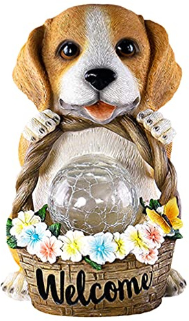 Hundestatue mit Korb Design, Solar Lichtdekoration aus Kunstharz | 1 Stück, Detailreiche Ausführung, Lichtleicht und Farbbeständig, für Zuhause und Geschenkideen