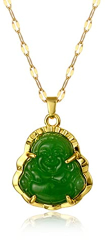 HMOOY Buddha Halskette, Lucky Laughing Buddha Anhänger Halsketten Grün/Weiße Jade Buddha Halskette mit 18 Karat Vergoldeter Kette Schmuck für Damen Herren (Grün 2)