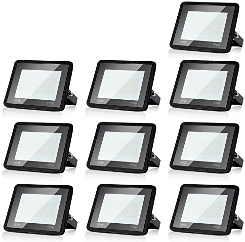 Randaco Proyector LED Exterior, 50W 4250LM 6000K Blanco Frío Super Brillante Focos LED Exterior, Impermeable IP66 Resistente al agua Foco LED para Patio,Estadio, Paquete de 10 (Sin Enchufe)