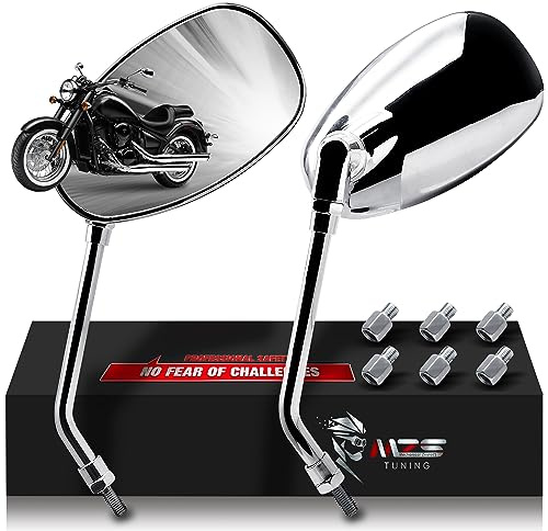 MZS Motorcycle Mirrors Chrome, Universal 10MM 8MM Rear View Side Mirror 360 Degree Adjustable Handlebar Compatible with Street Bike Cruiser Touring Chopper Scooter GY6